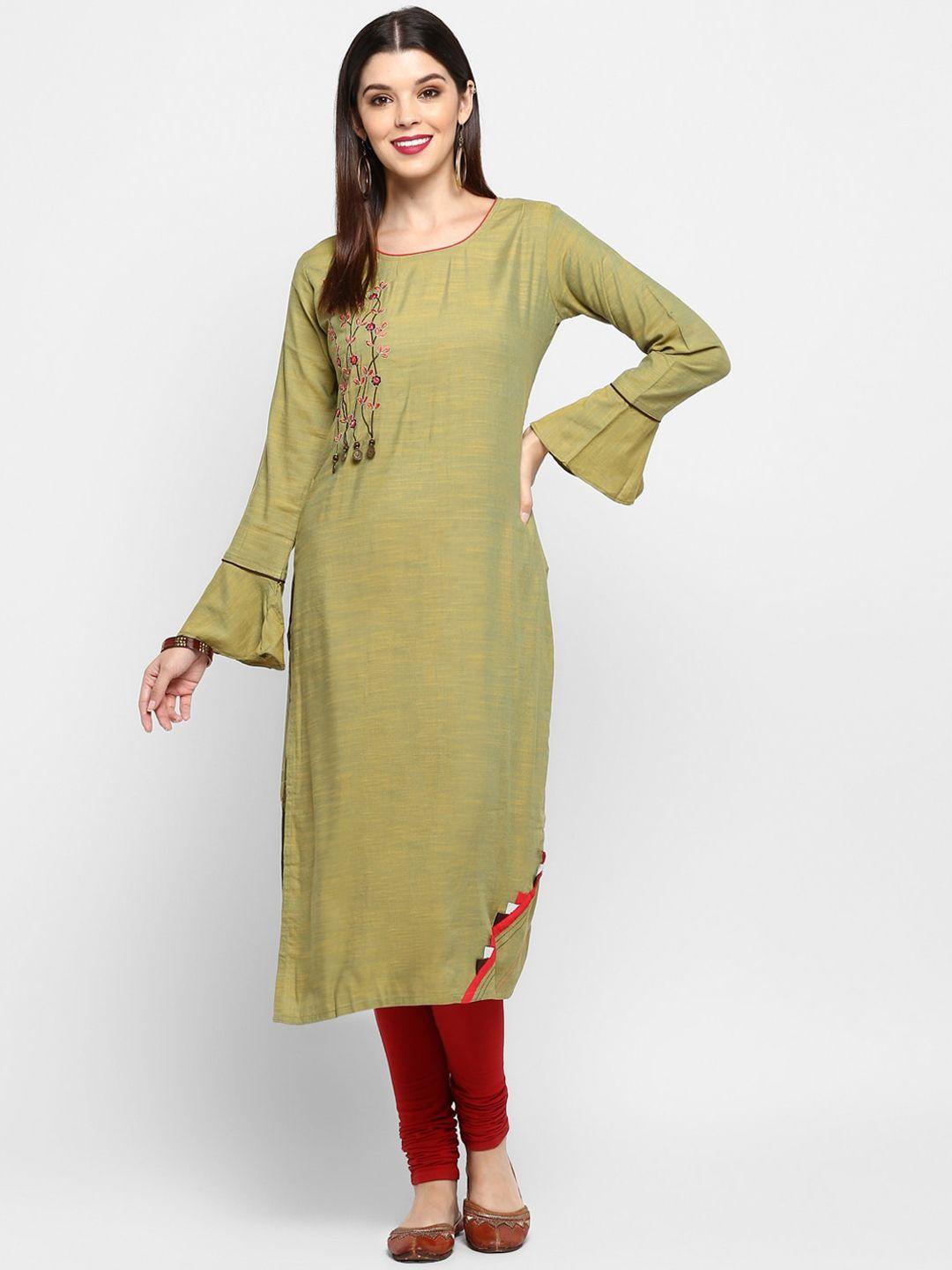 kalini women green flared sleeves thread work kurta