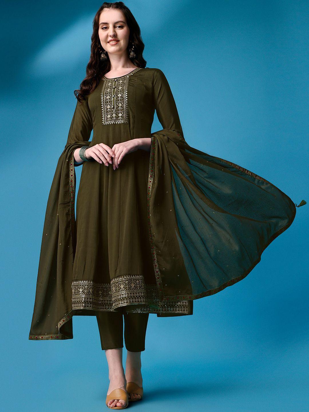 kalini women green floral embroidered regular pure silk kurta with trousers & with dupatta