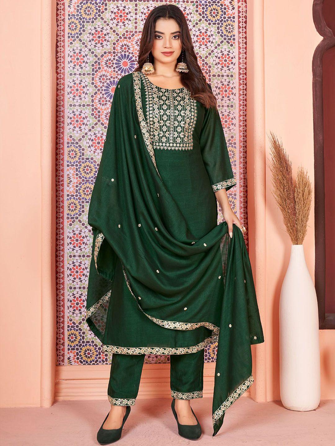 kalini women green floral embroidered regular sequinned kurta with trousers & with dupatta