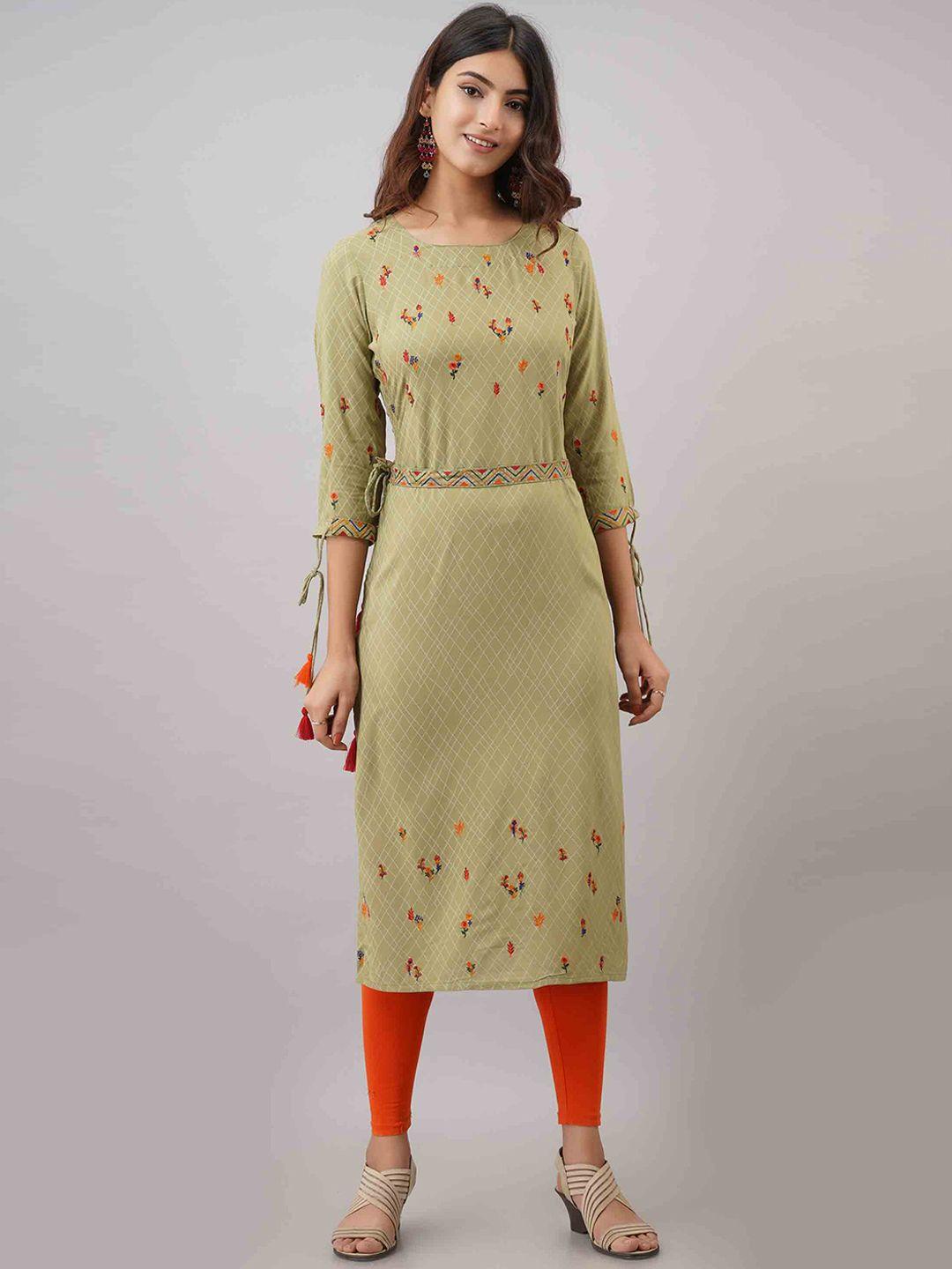 kalini women green floral embroidered thread work kurta