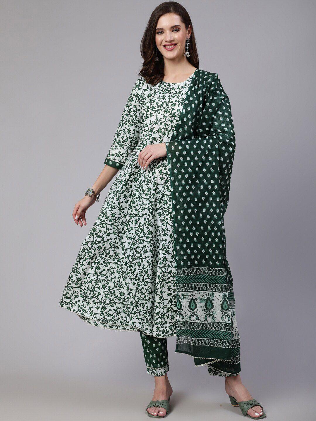 kalini women green floral printed empire pure cotton kurta with palazzos & with dupatta