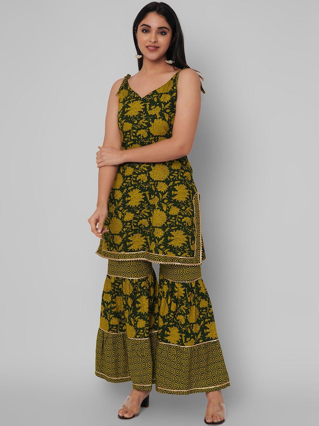 kalini women green floral printed gotta patti kurta with sharara