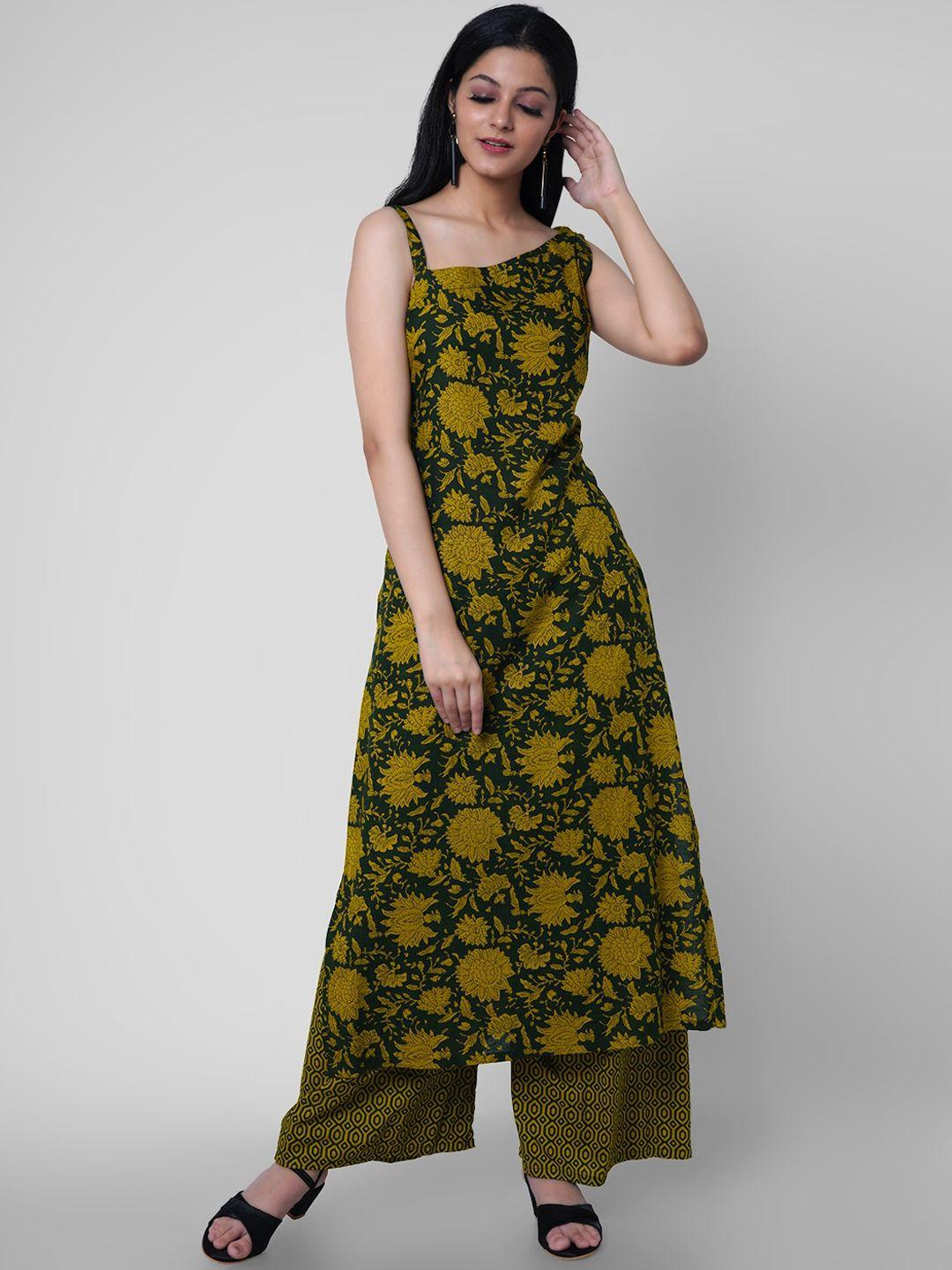 kalini women green floral printed kurta with palazzos