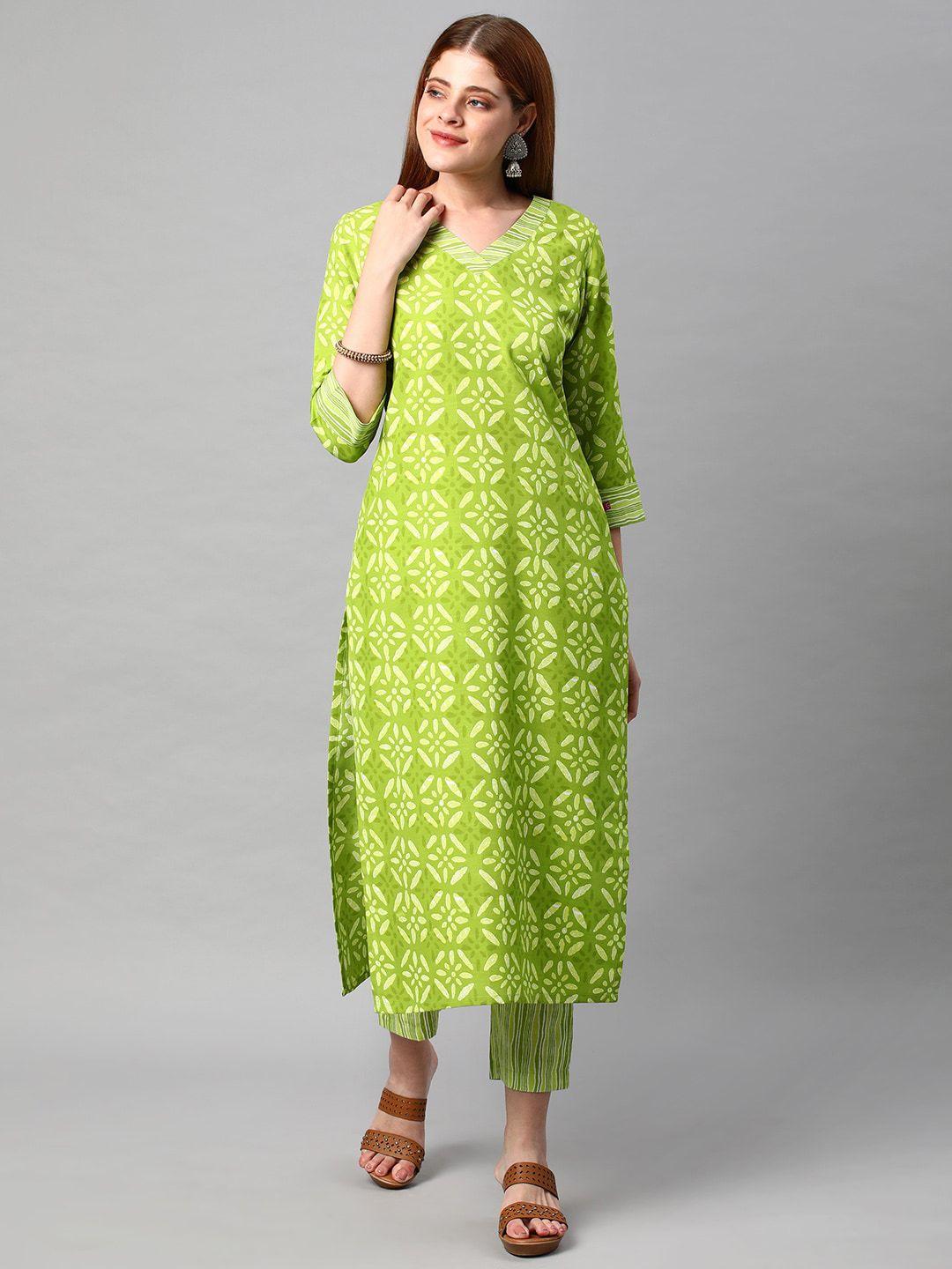 kalini women green floral printed kurta with trousers