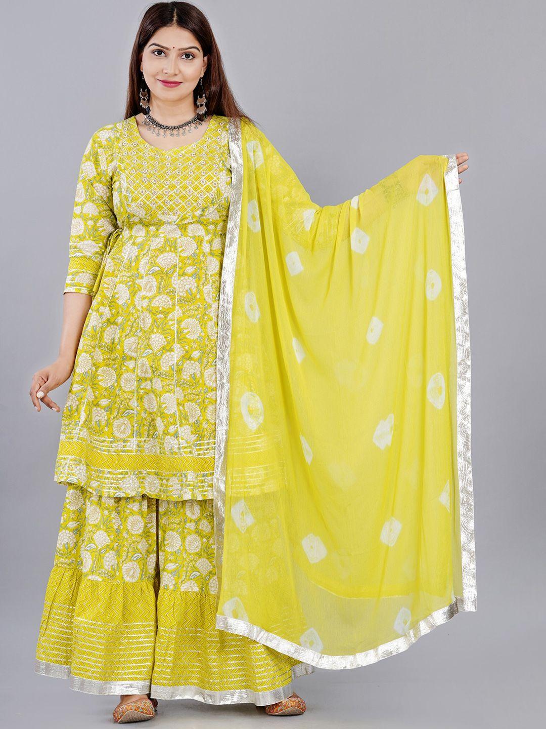 kalini women green floral printed pure cotton kurta with sharara & dupatta