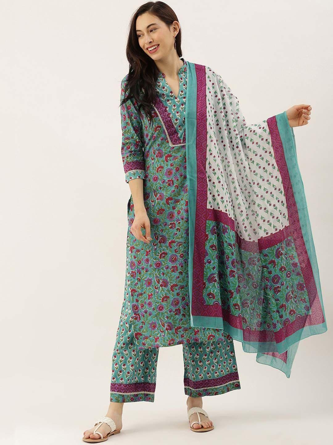 kalini women green floral printed regular pure cotton kurta with palazzos & with dupatta