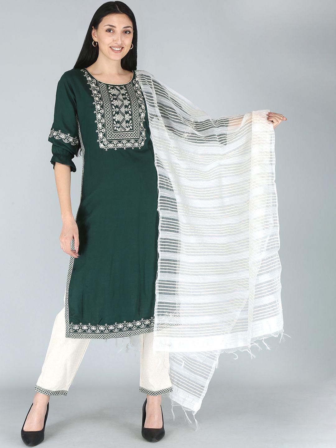 kalini women green floral yoke design kurti with trousers & with dupatta