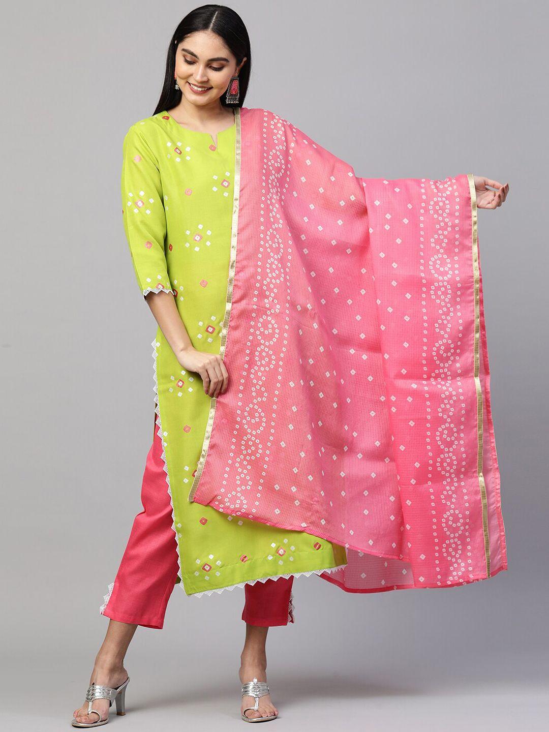 kalini women green printed kurta with trousers & dupatta