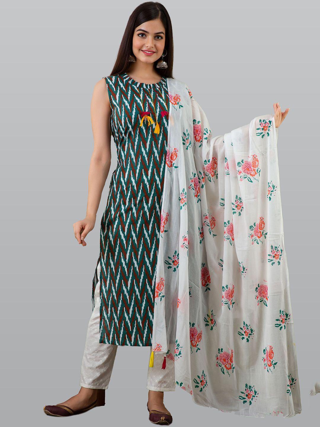kalini women green printed panelled pure cotton kurta with trousers & with dupatta