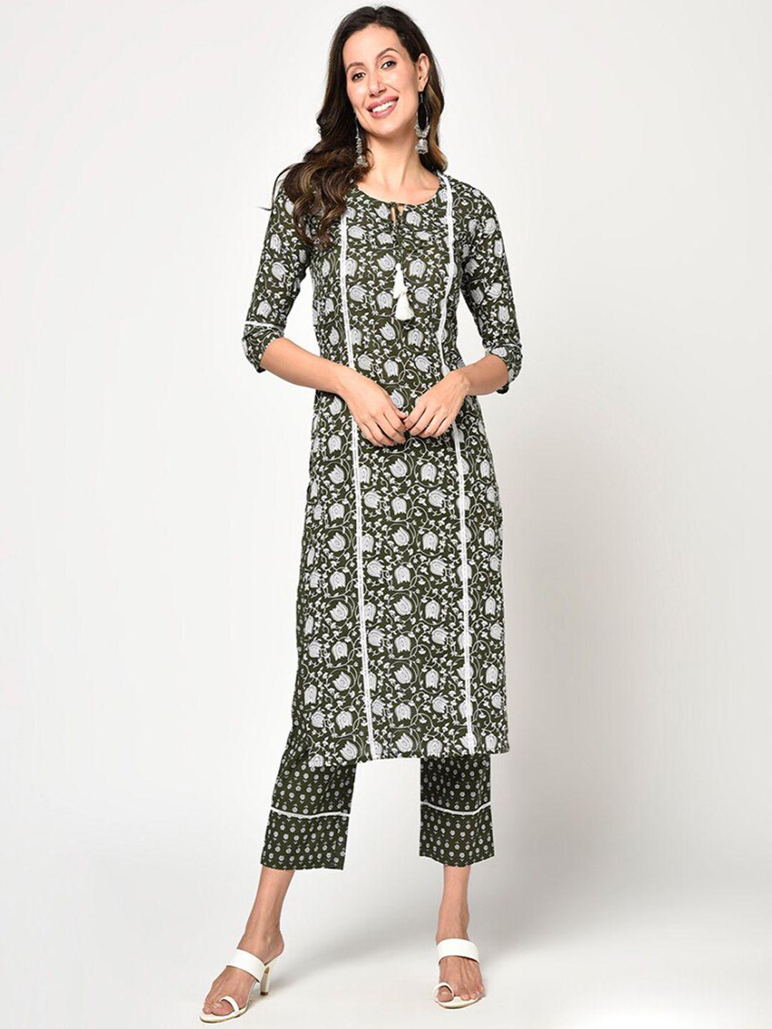 kalini women green printed pleated pure cotton kurti with trousers