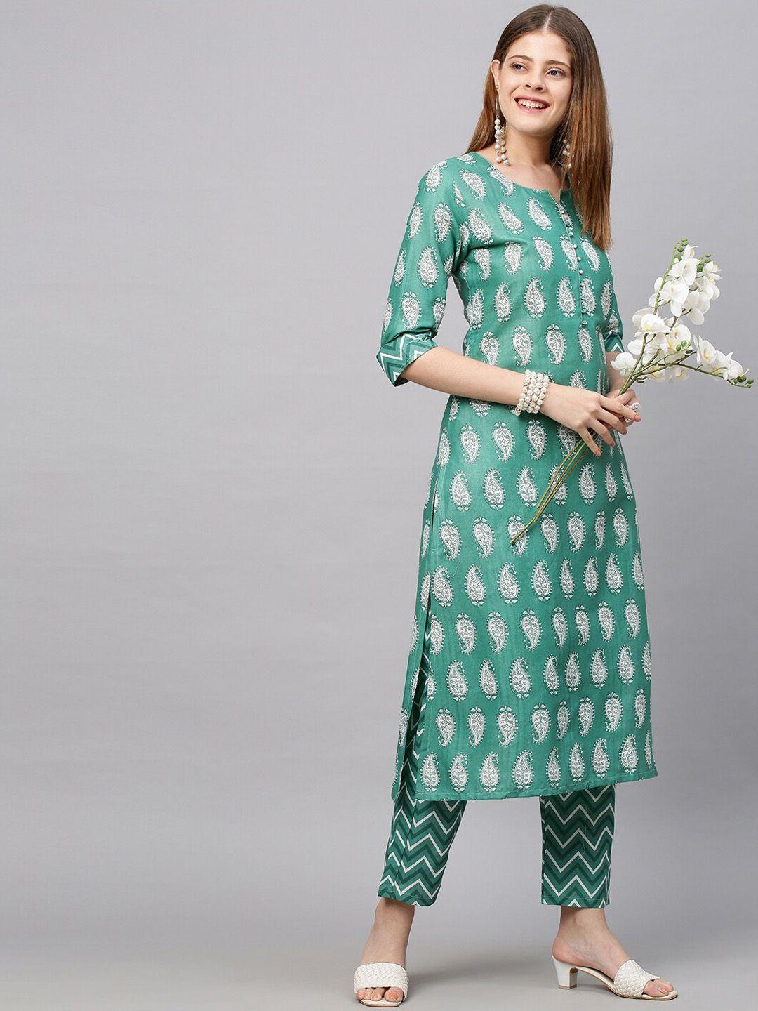 kalini women green printed straight kurta with trousers
