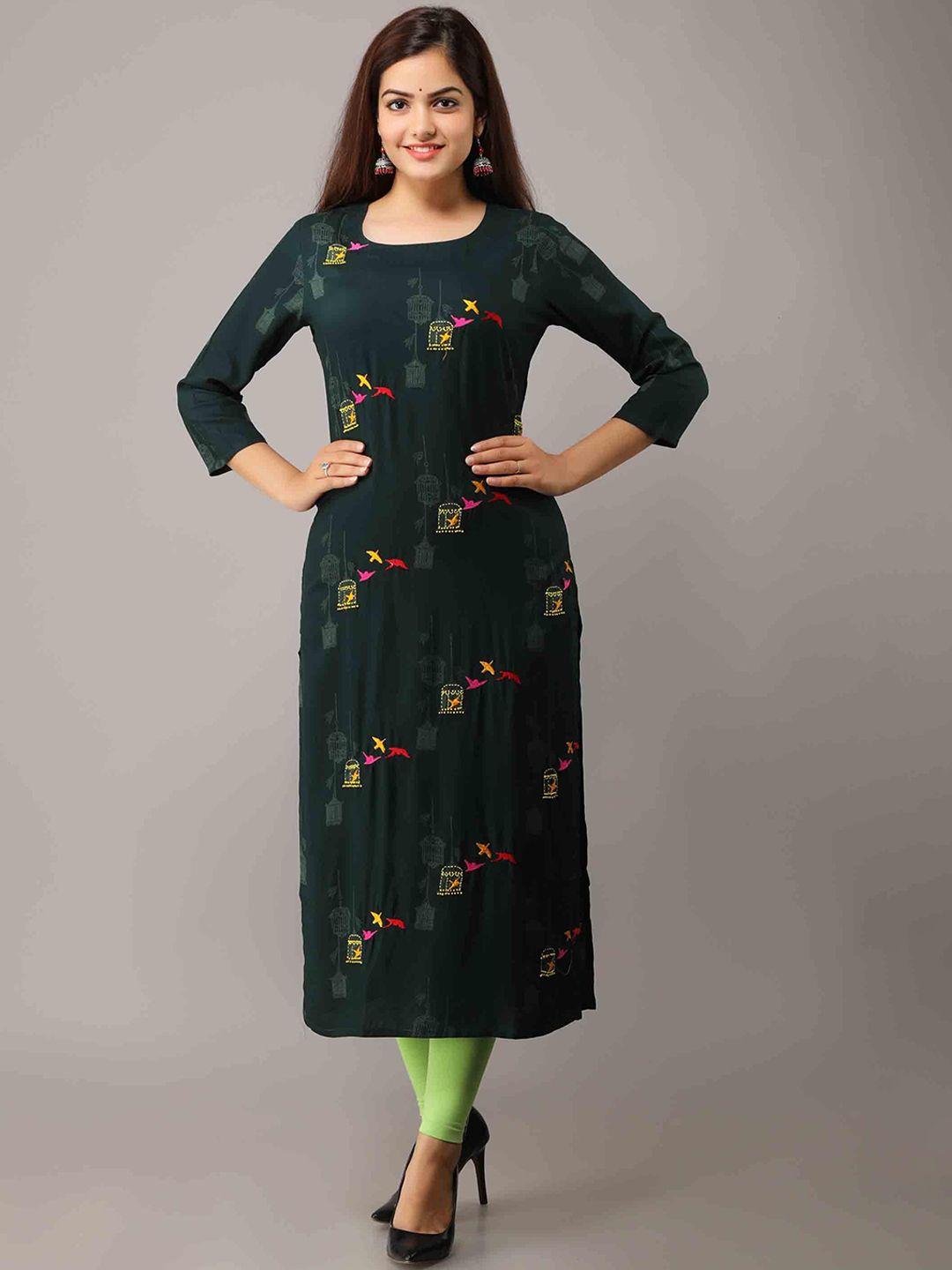 kalini women green printed thread work kurta