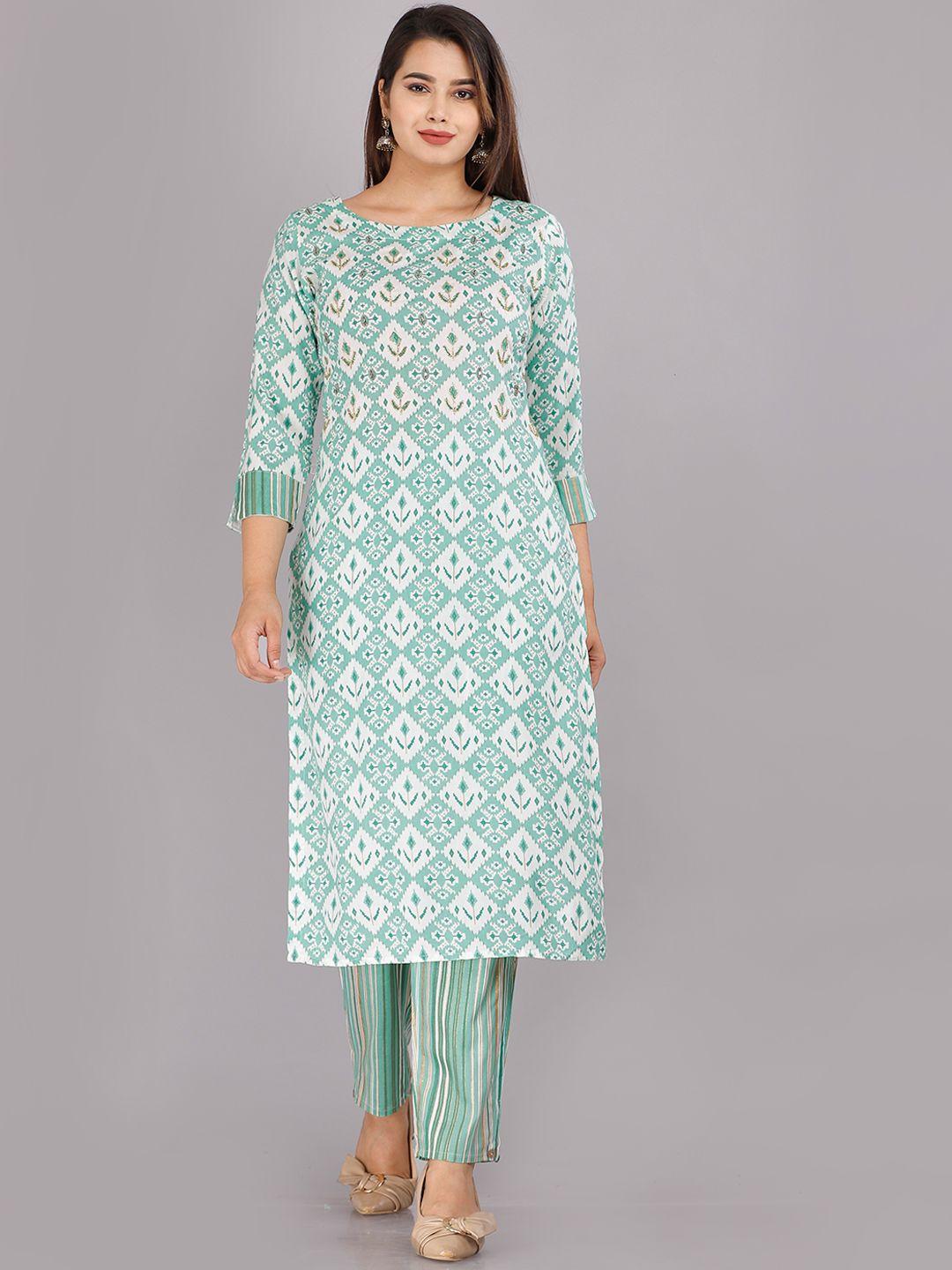 kalini women green printed viscose rayon round neck kurta with trousers