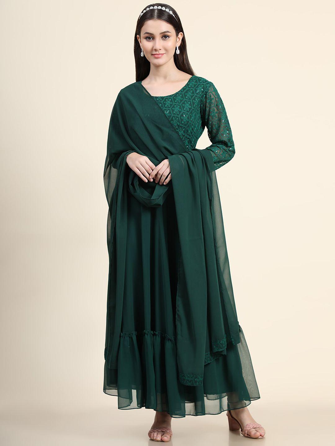 kalini women green solid chikankari  embroidered maxi dresses with dupatta