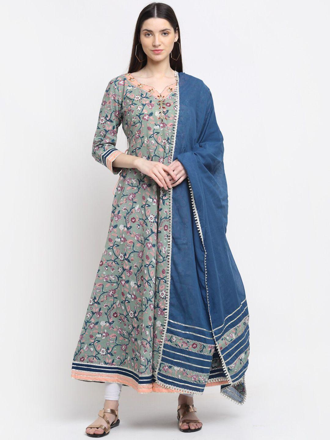 kalini women grey & blue ethnic motifs printed kurta with dupatta