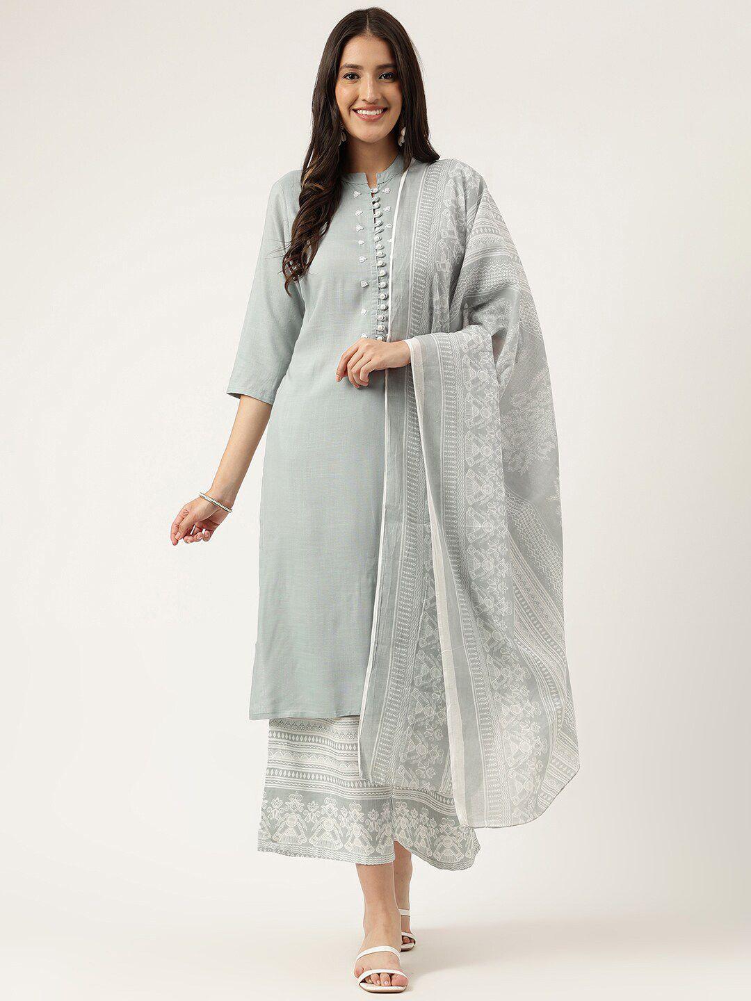 kalini women grey embroidered regular kurta with palazzos & with dupatta