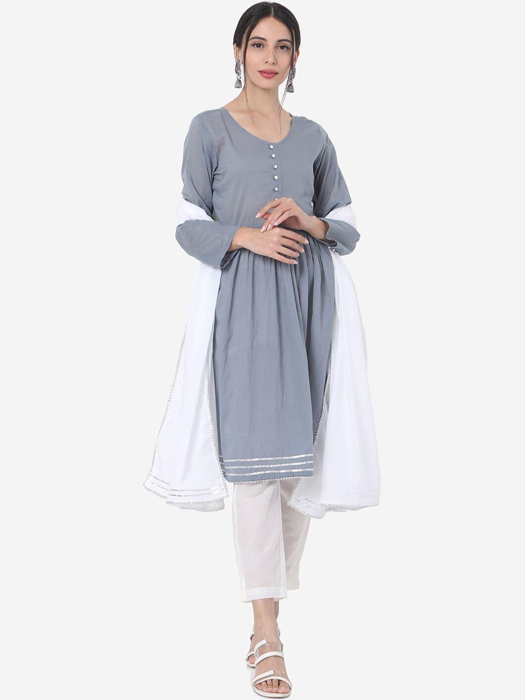 kalini women grey empire pure cotton kurta with trousers & with dupatta