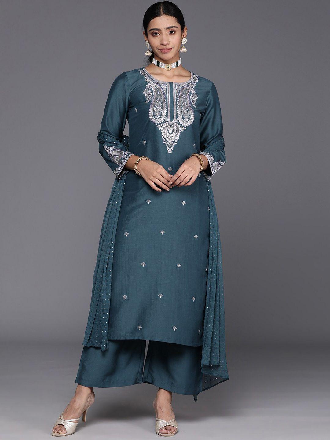 kalini women grey ethnic motifs embroidered regular sequinned kurta with trousers & with dupatta