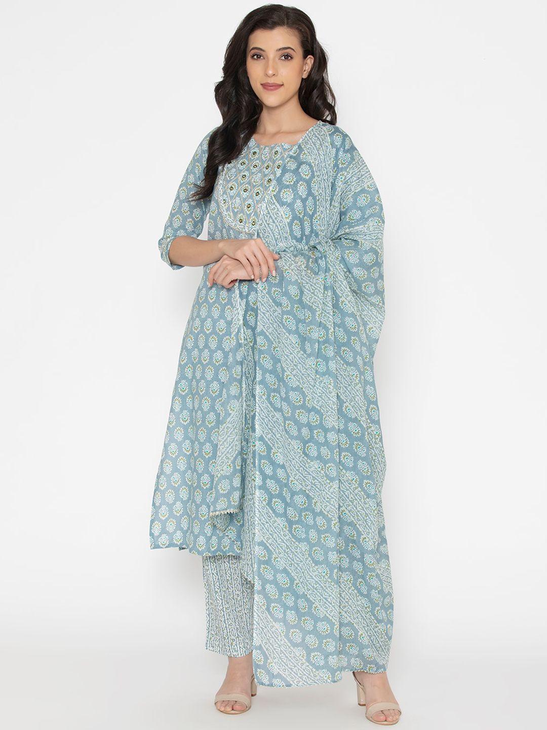 kalini women grey ethnic motifs printed pure cotton kurta with trouser & with dupatta