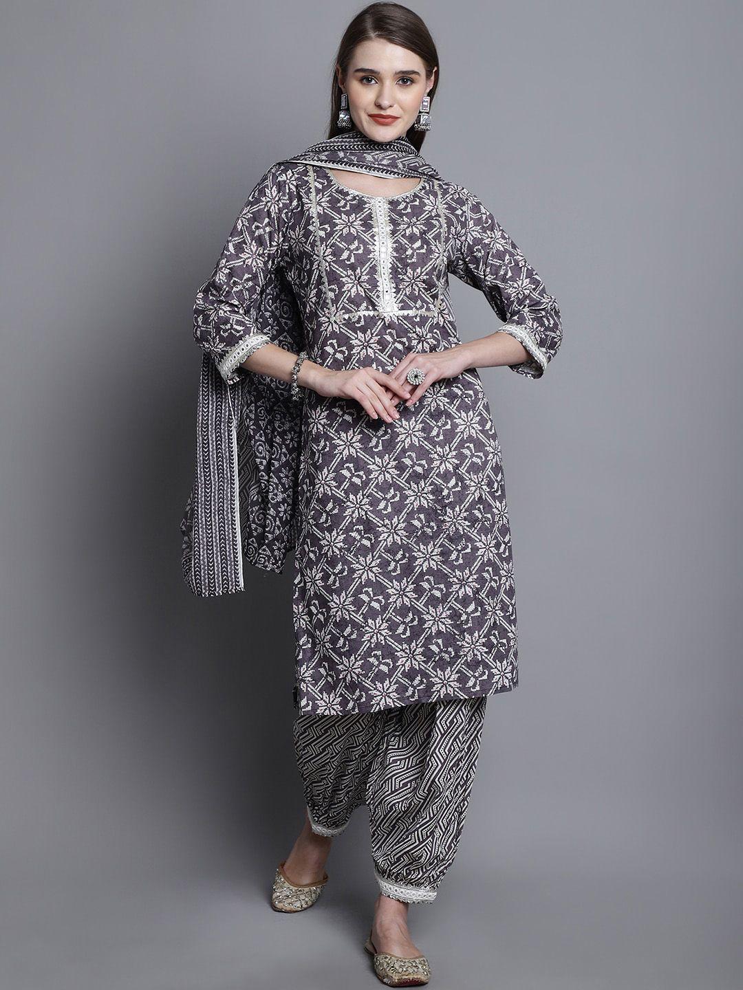 kalini women grey ethnic motifs printed regular pure cotton kurta with salwar & with dupatta