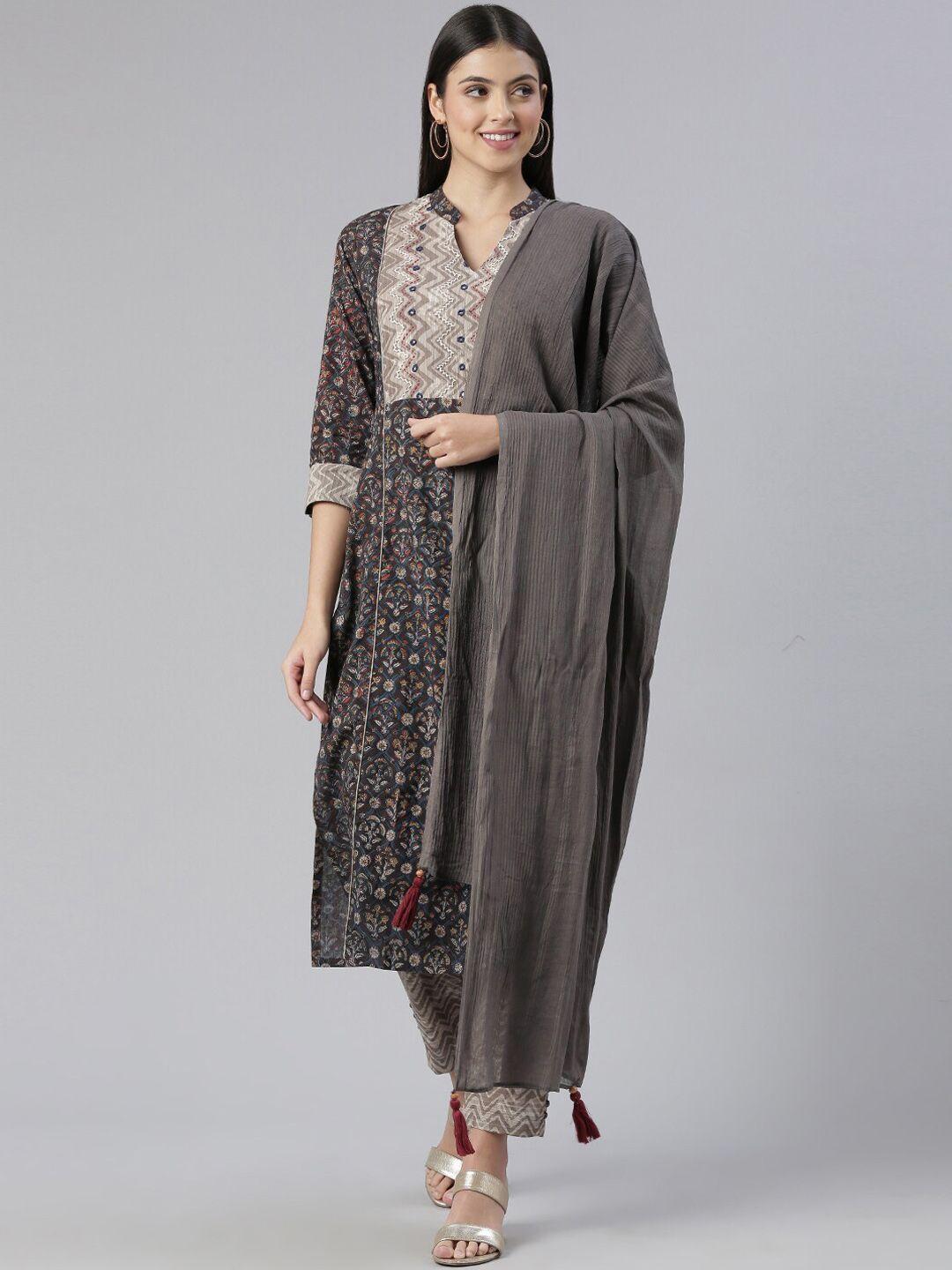 kalini women grey ethnic motifs printed regular pure cotton kurta with trousers & with dupatta