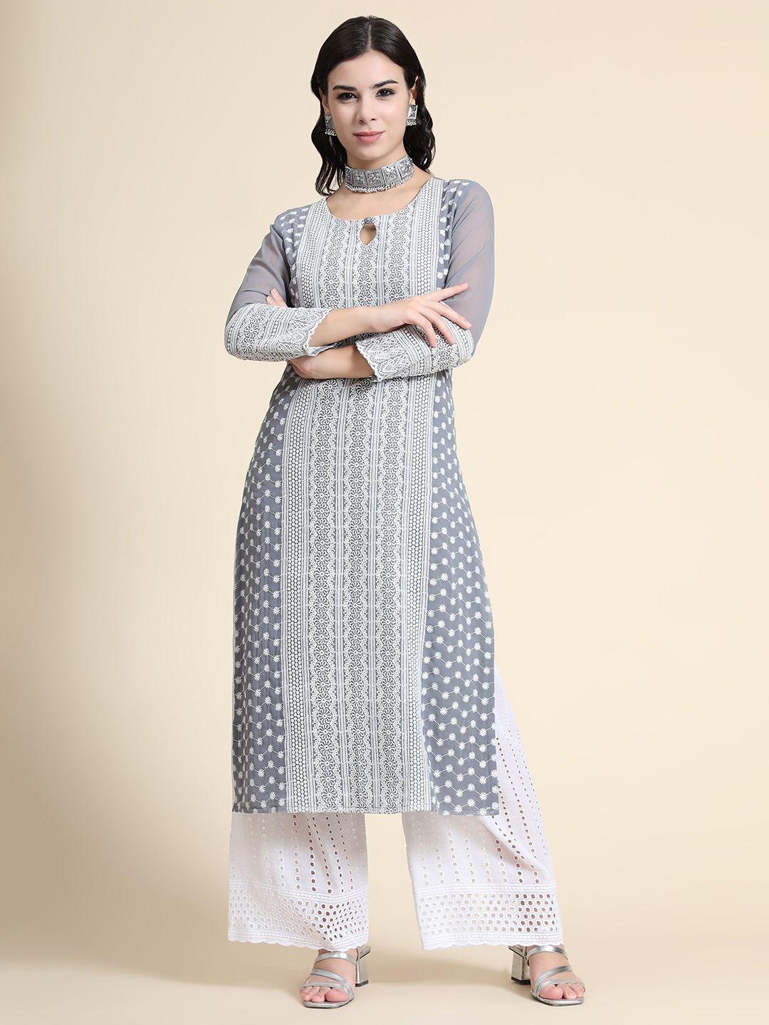 kalini women grey floral embroidered keyhole neck thread work floral georgette kurta