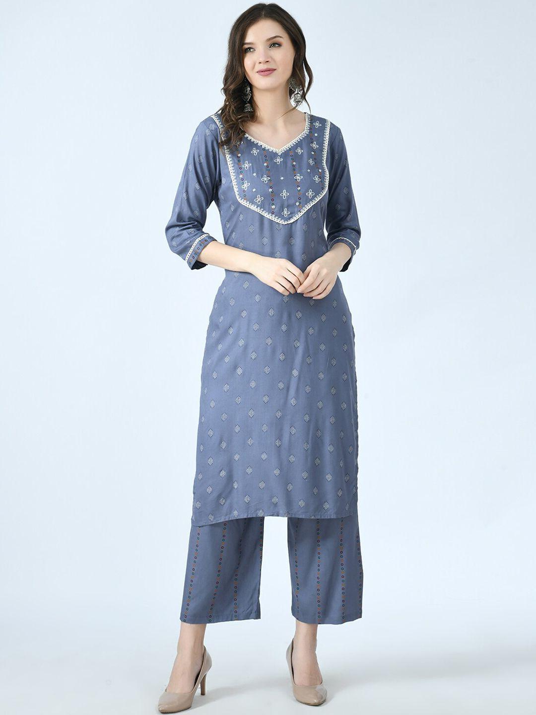 kalini women grey floral embroidered panelled kurti with trousers