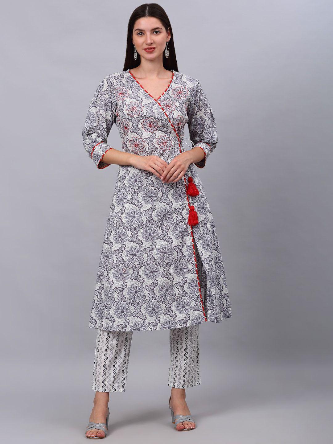 kalini women grey floral printed angrakha pure cotton kurta with trousers