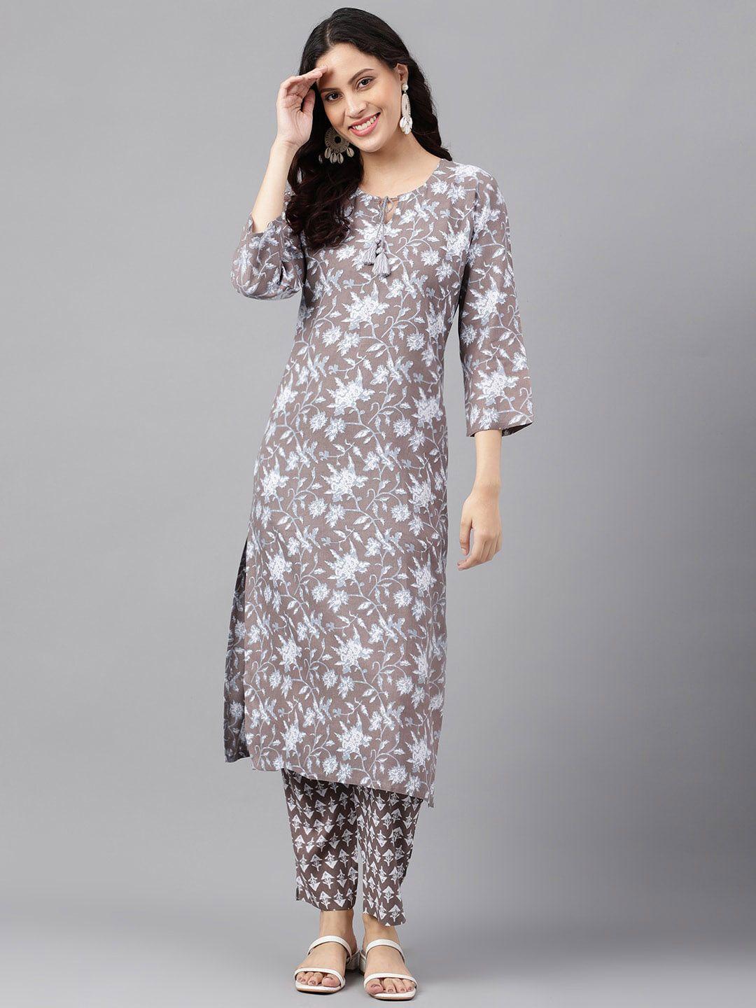 kalini women grey floral printed regular kurta with trousers