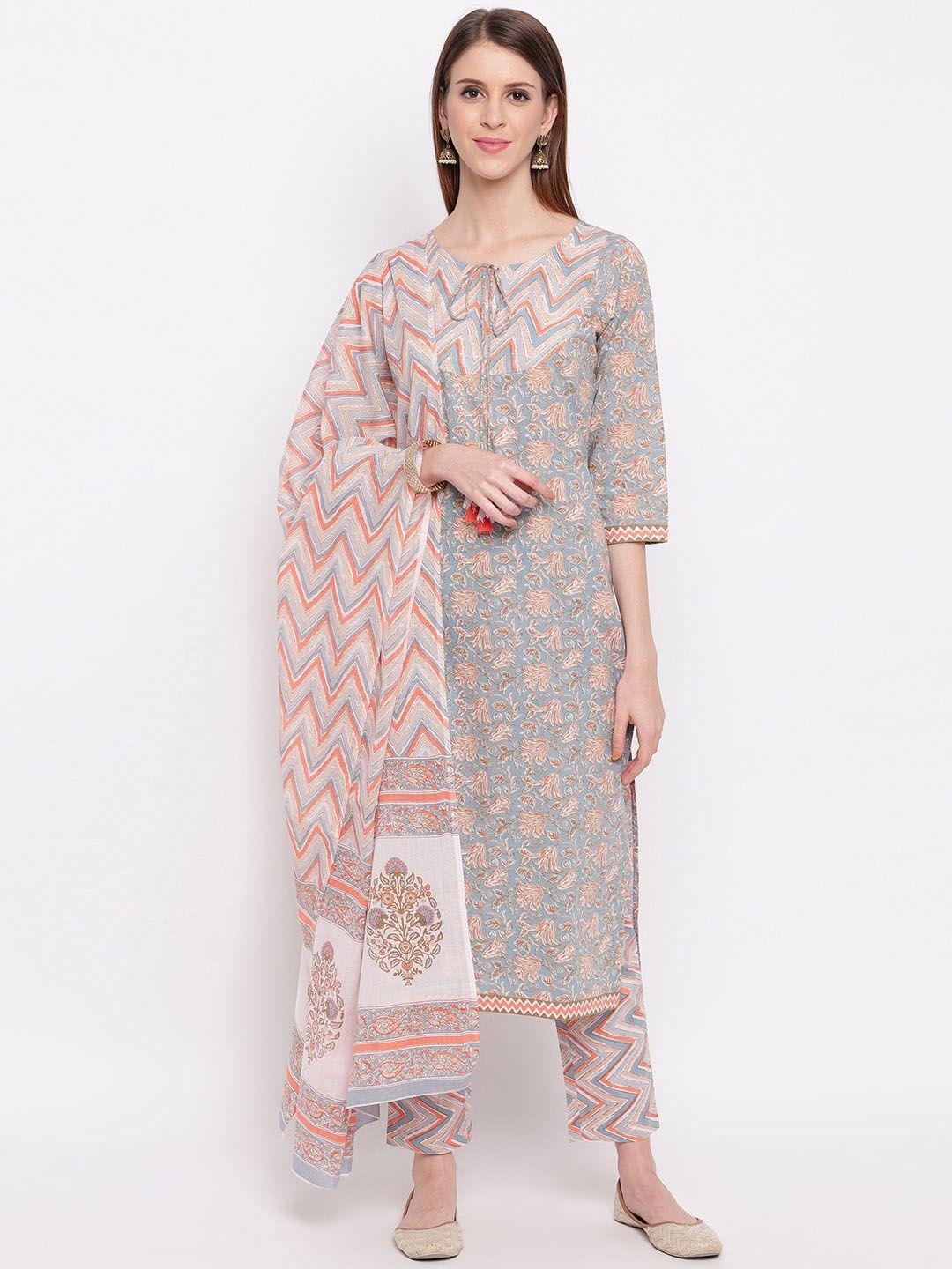 kalini women grey floral printed sequinned pure cotton kurti with trousers & with dupatta