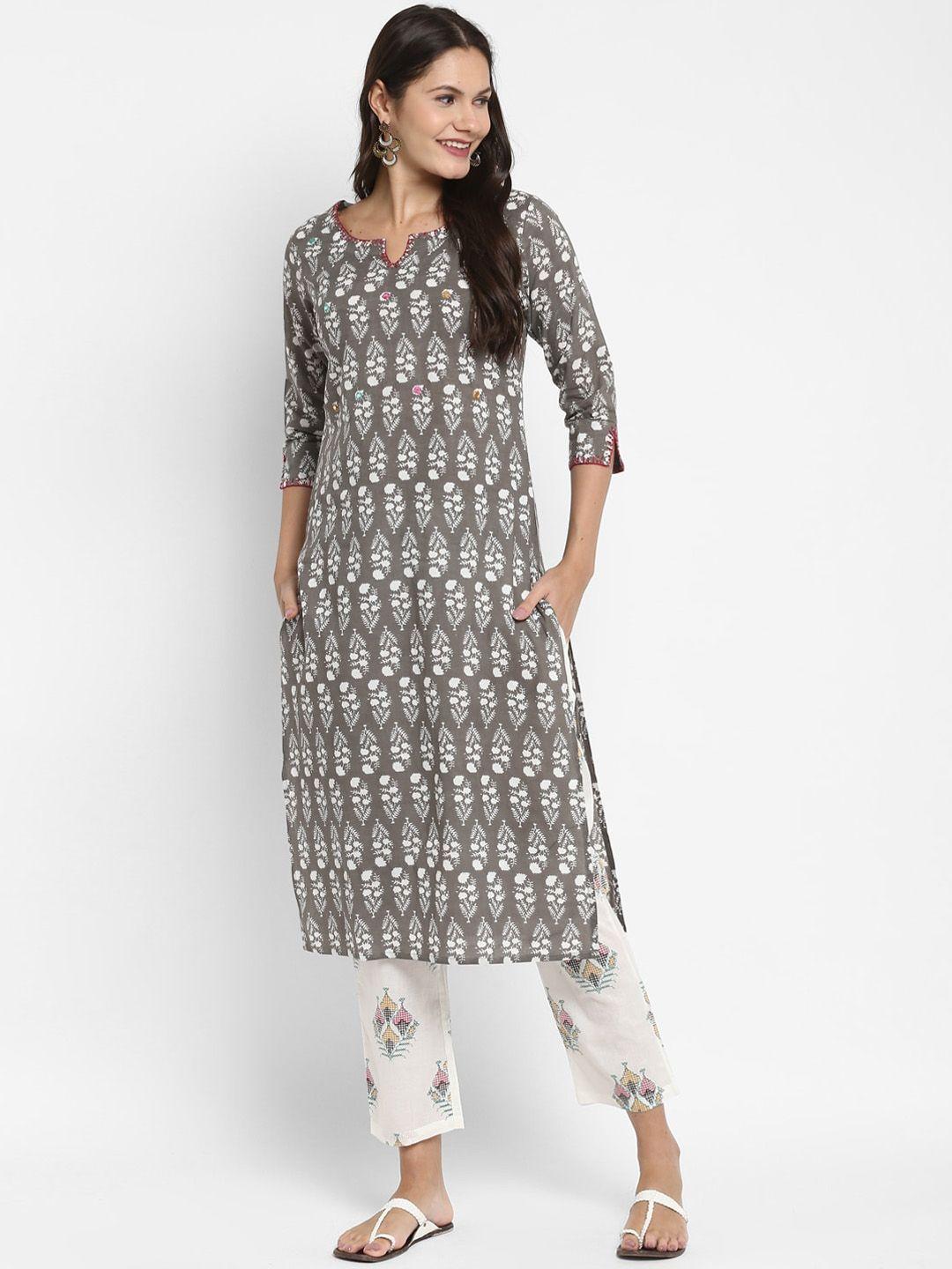 kalini women grey printed pure cotton kurta with trousers