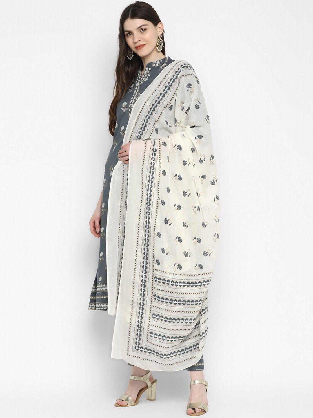 kalini women grey printed thread work pure cotton kurta with trousers & with dupatta