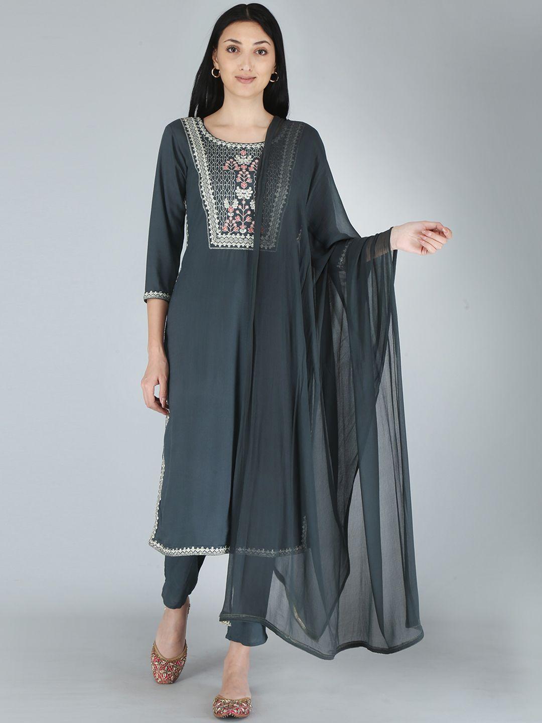 kalini women grey yoke design zardozi kurta with trousers with dupatta