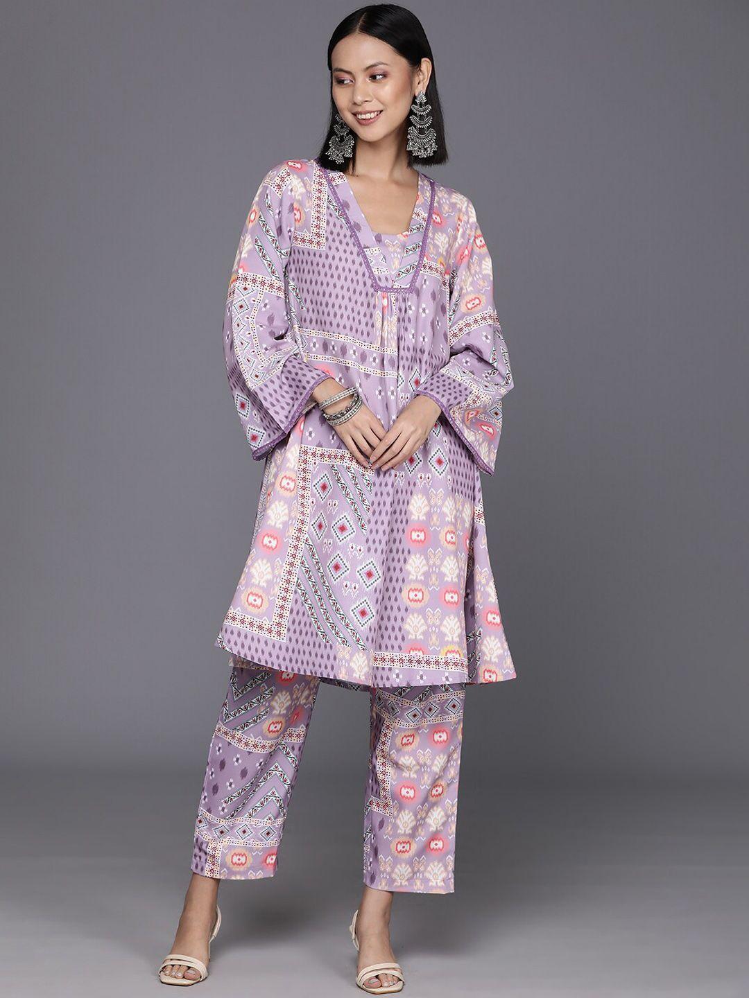 kalini women lavender printed regular kurta with trousers