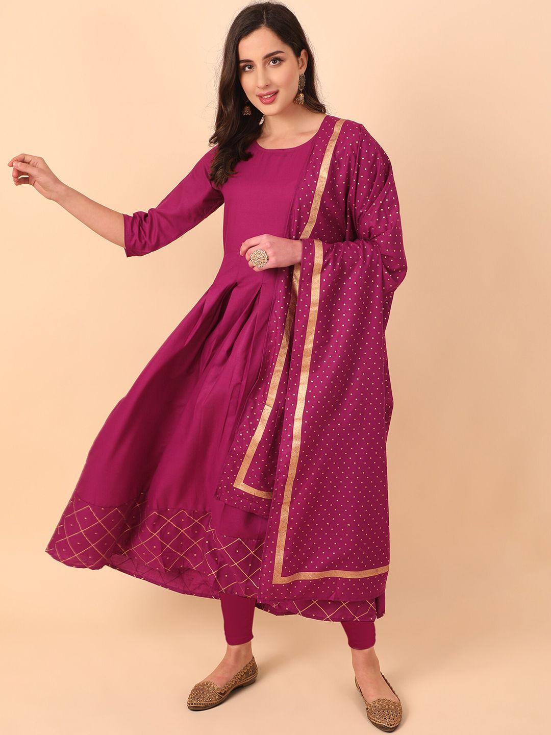 kalini women magenta & gold-toned foil printed anarkali kurta with dupatta