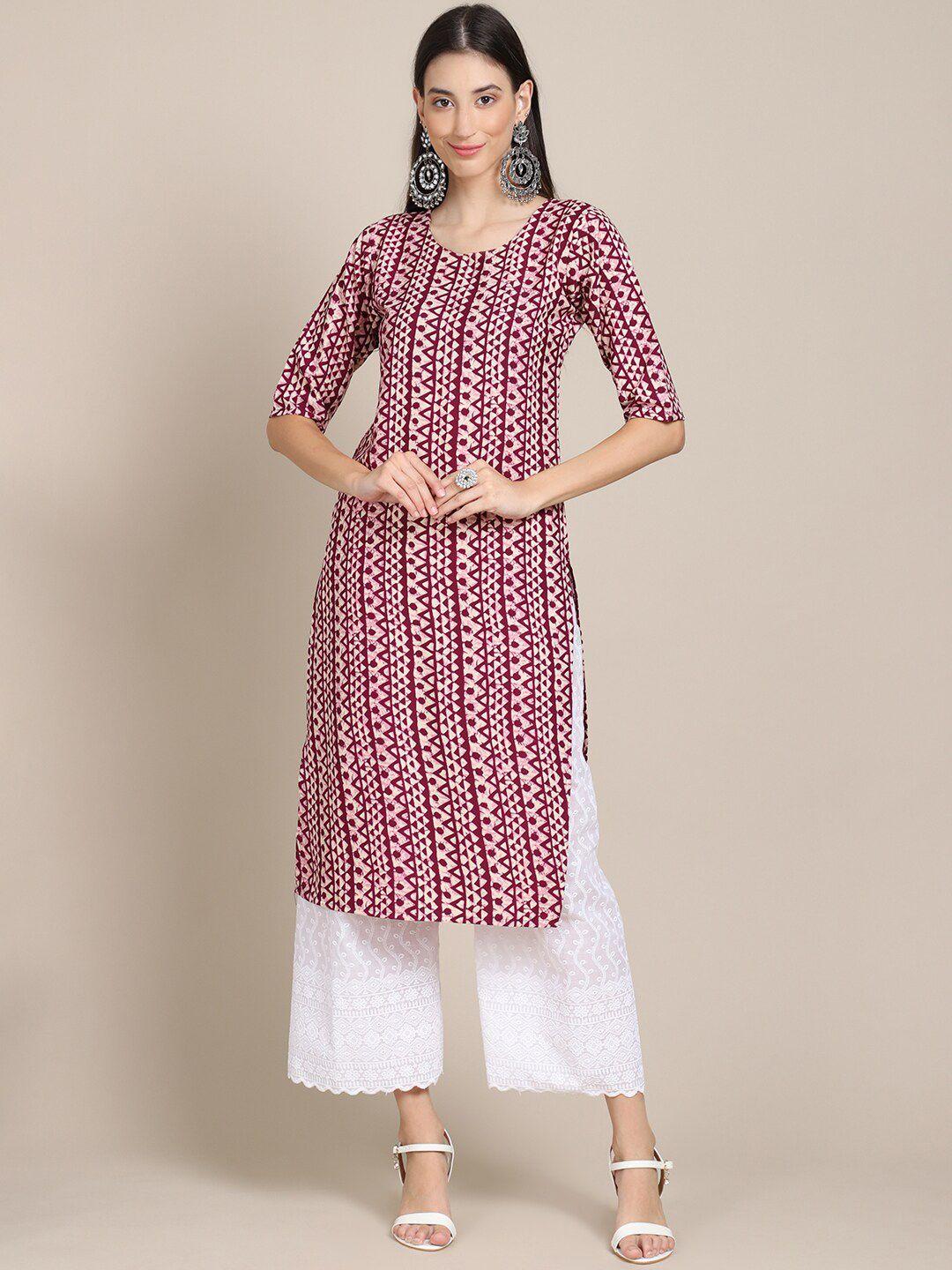 kalini women magenta & white geometric printed crepe kurta