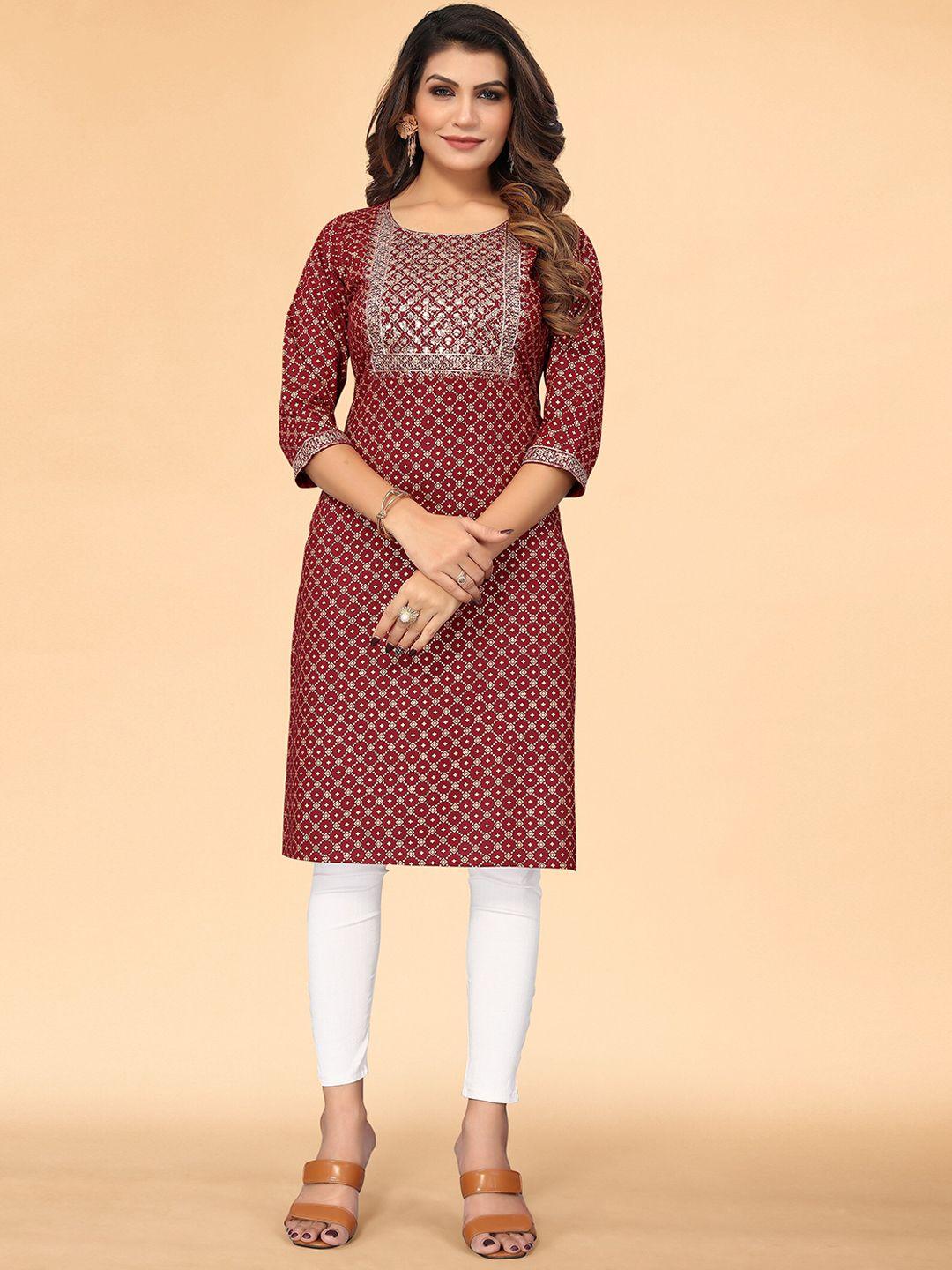 kalini women maroon & silver embroidered rayon straight kurta