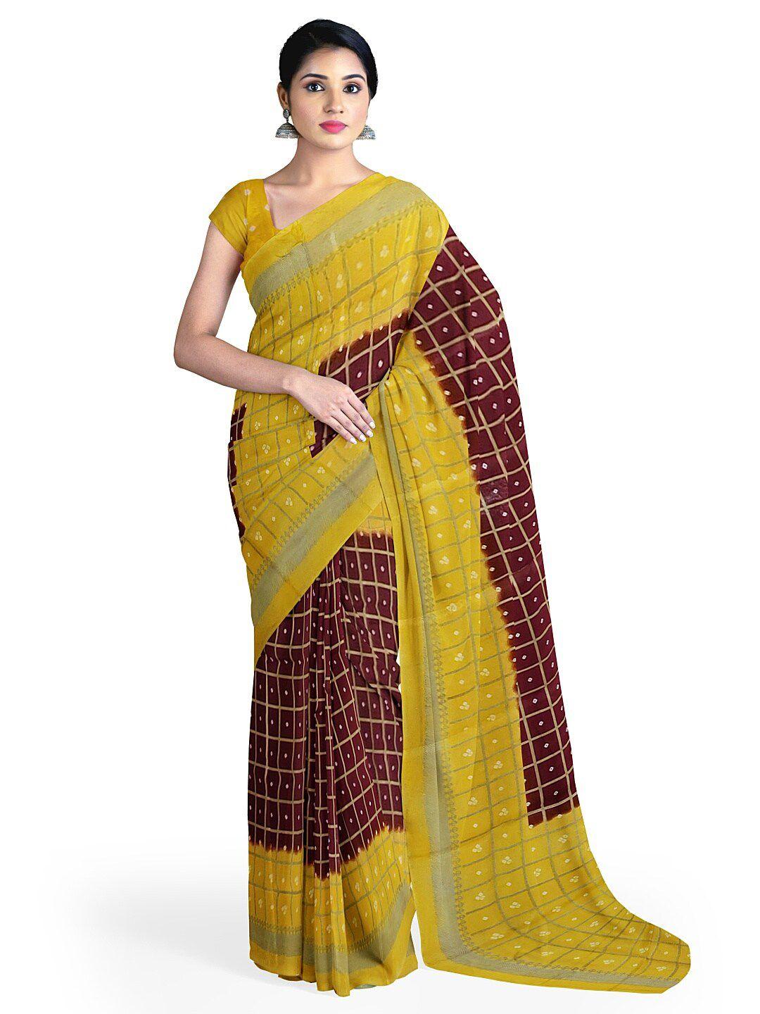 kalini women maroon & yellow checked silk blend fusion saree