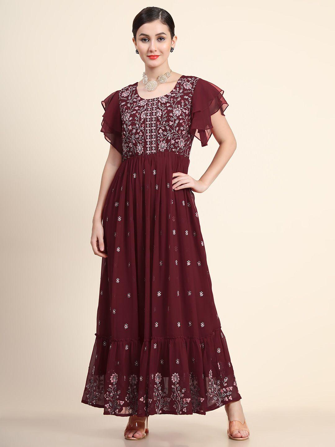 kalini women maroon embroidered flared maxi dress