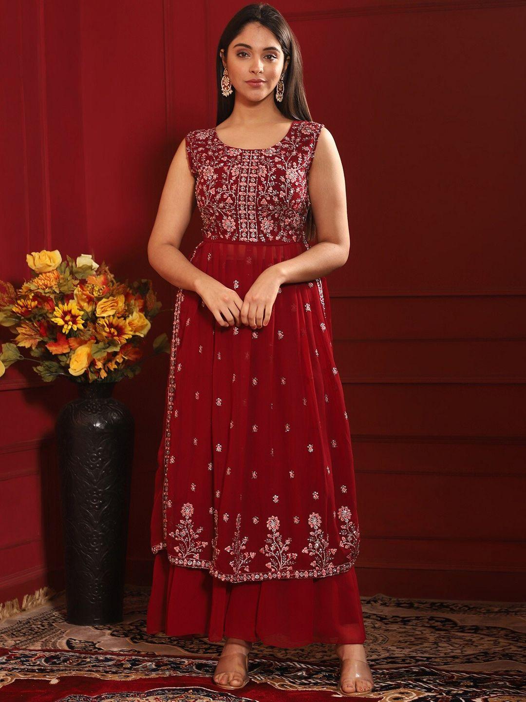kalini women maroon embroidered pleated beads and stones kurta with palazzos