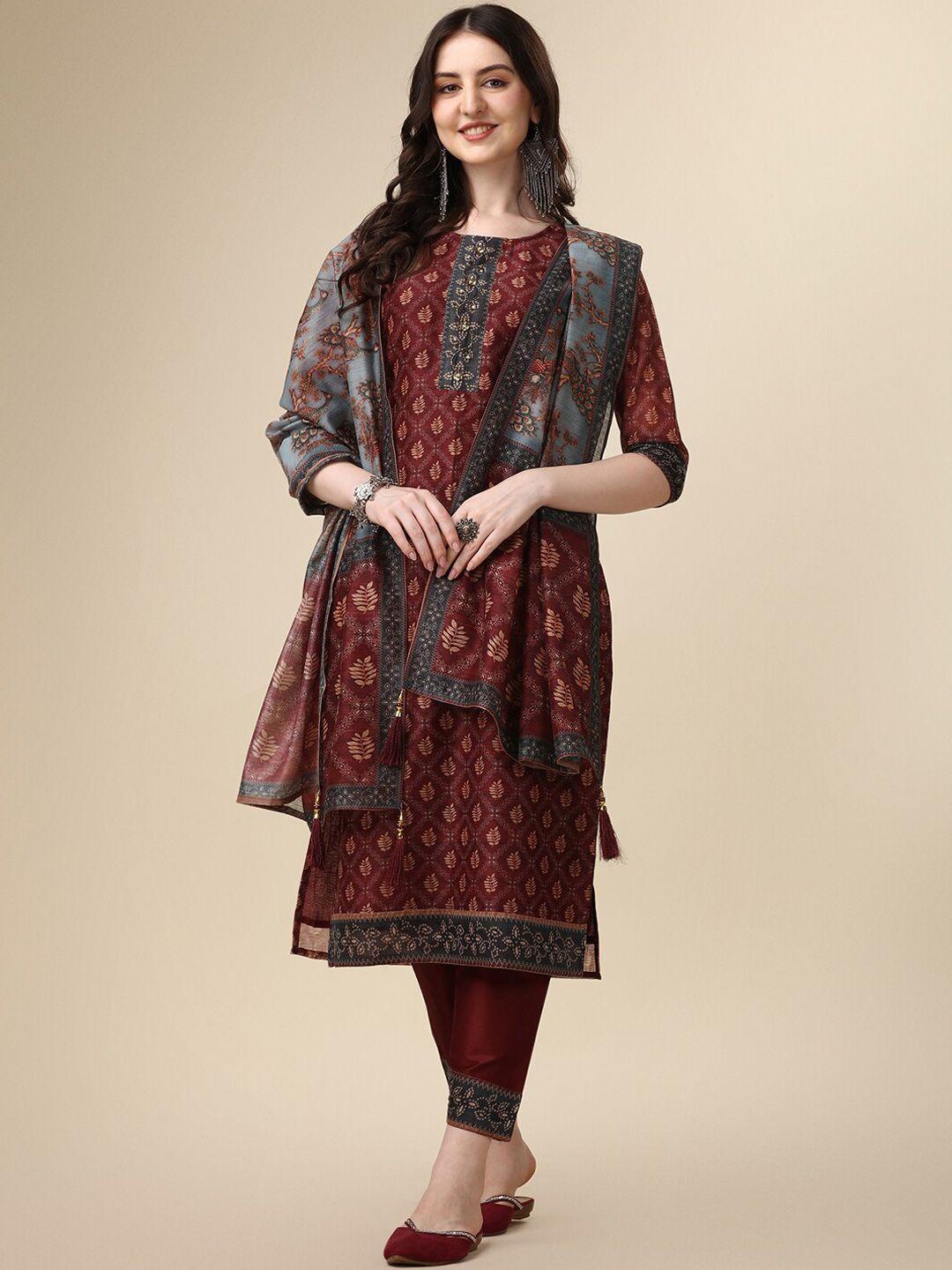 kalini women maroon embroidered regular beads and stones chanderi silk kurta with trousers & with dupatta