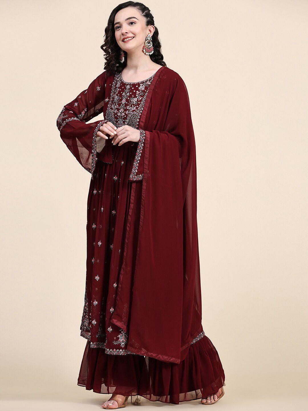 kalini women maroon ethnic motifs embroidered empire thread work kurta with sharara & with dupatta