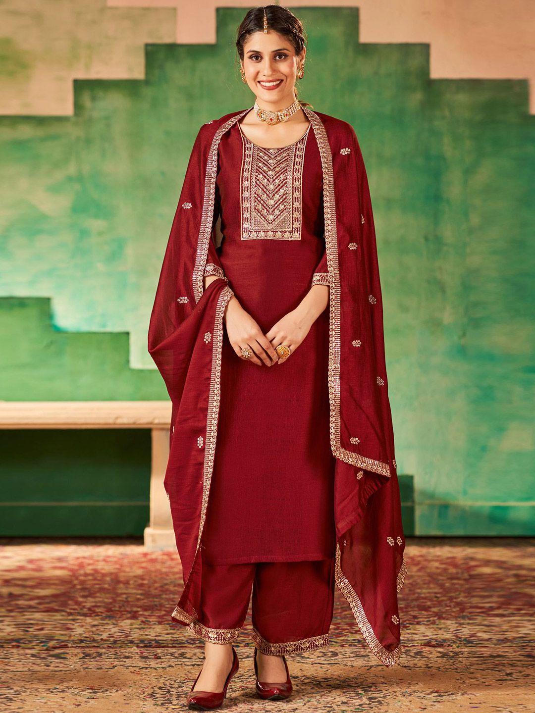 kalini women maroon ethnic motifs embroidered regular mirror work kurta with palazzos & with dupatta