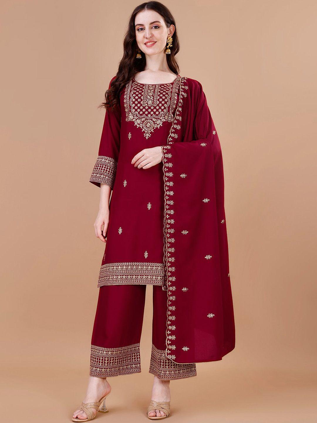 kalini women maroon ethnic motifs embroidered regular thread work kurta with trousers & with dupatta