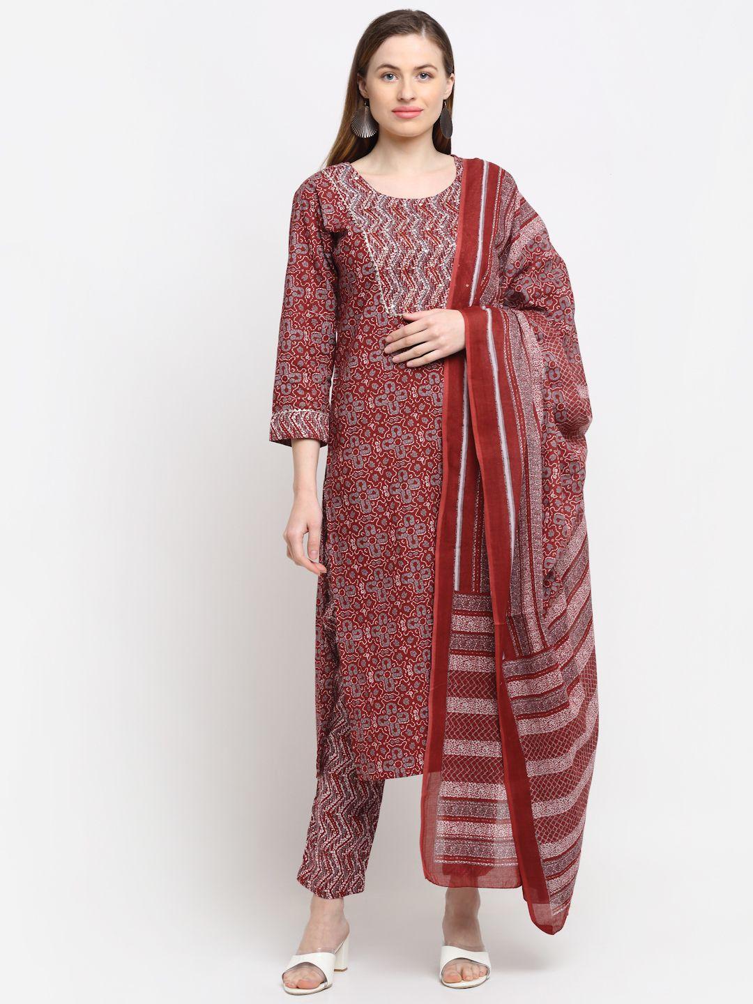 kalini women maroon ethnic motifs printed aari work cotton kurta with trousers & dupatta