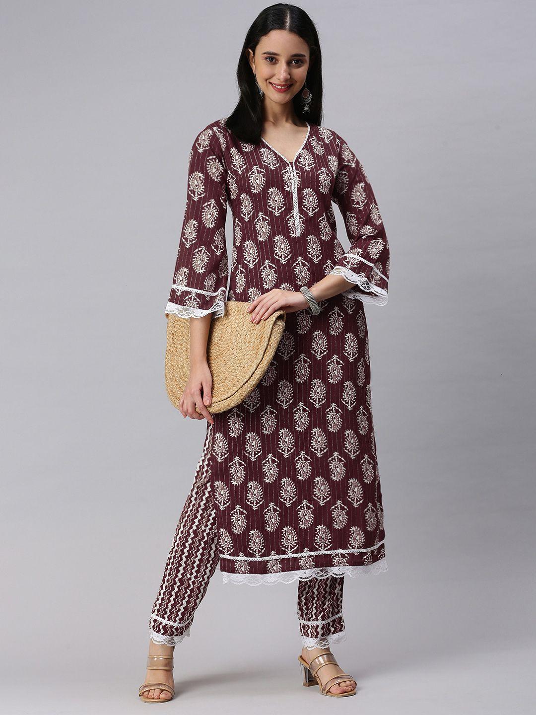 kalini women maroon ethnic motifs printed kurta with trousers