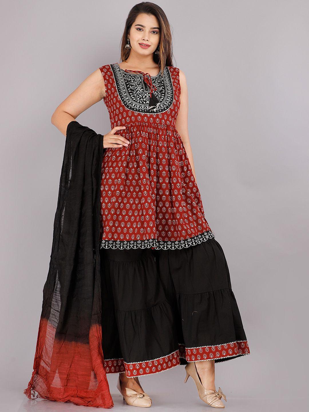 kalini women maroon ethnic motifs printed pure cotton kurta with sharara & with dupatta