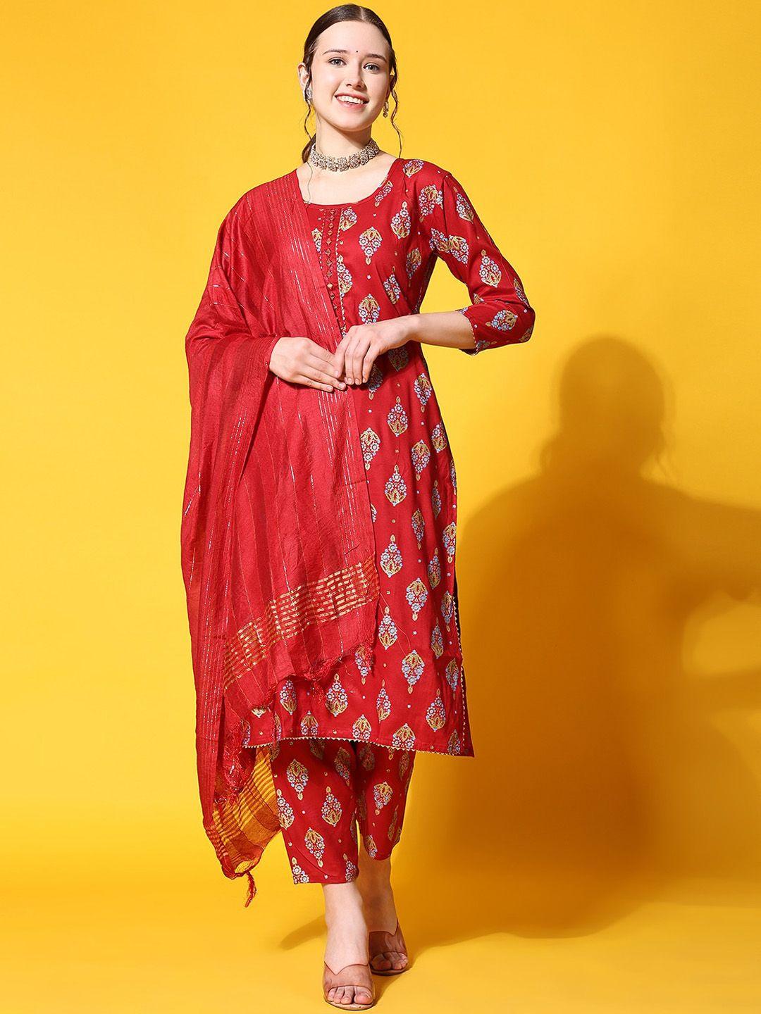 kalini women maroon ethnic motifs printed regular kurta with trousers & with dupatta