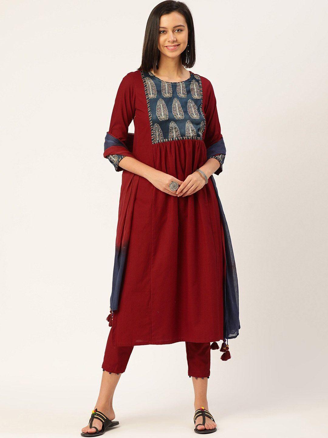 kalini women maroon ethnic motifs yoke design empire zardozi pure cotton kurta with trousers & with dupatta