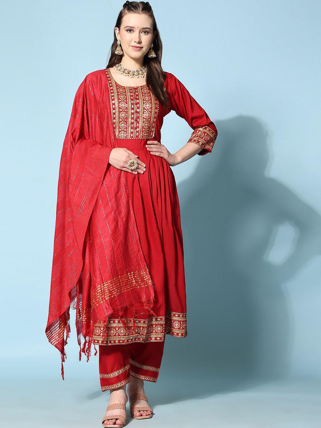 kalini women maroon ethnic motifs yoke design regular kurta with trousers & with dupatta
